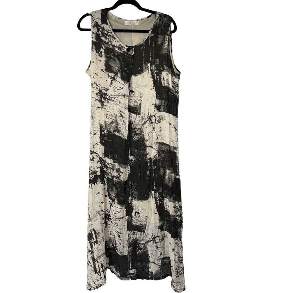 Simply‎ Couture Black White Abstract Cotton Blend Midi Dress Lagenlook Women’s